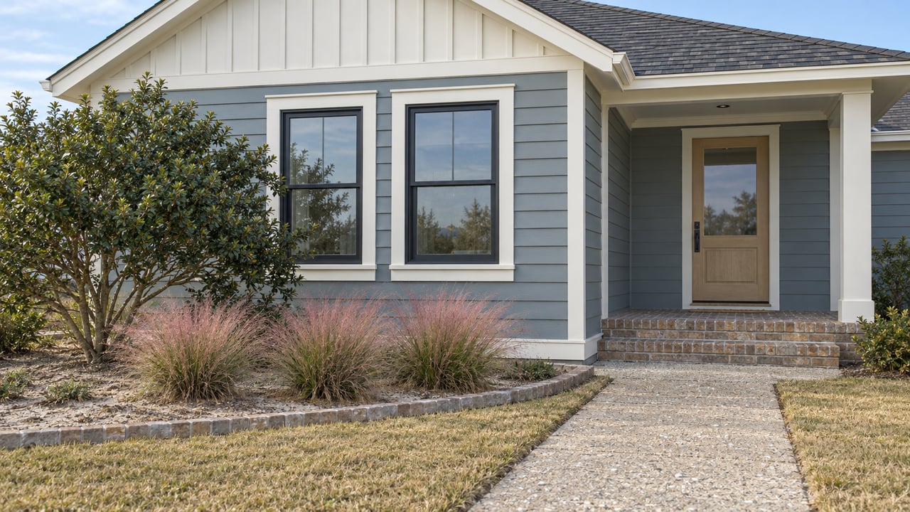 Blue-gray cottage with an ivory gable, paired windows, brick entry steps and a shell-aggregate garden walk beside yaupon holly and pink muhly grass.