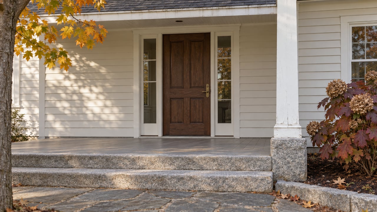 Clapboard house entry with an oak door, matching sidelights, weathered porch boards, granite steps, and autumn foliage.