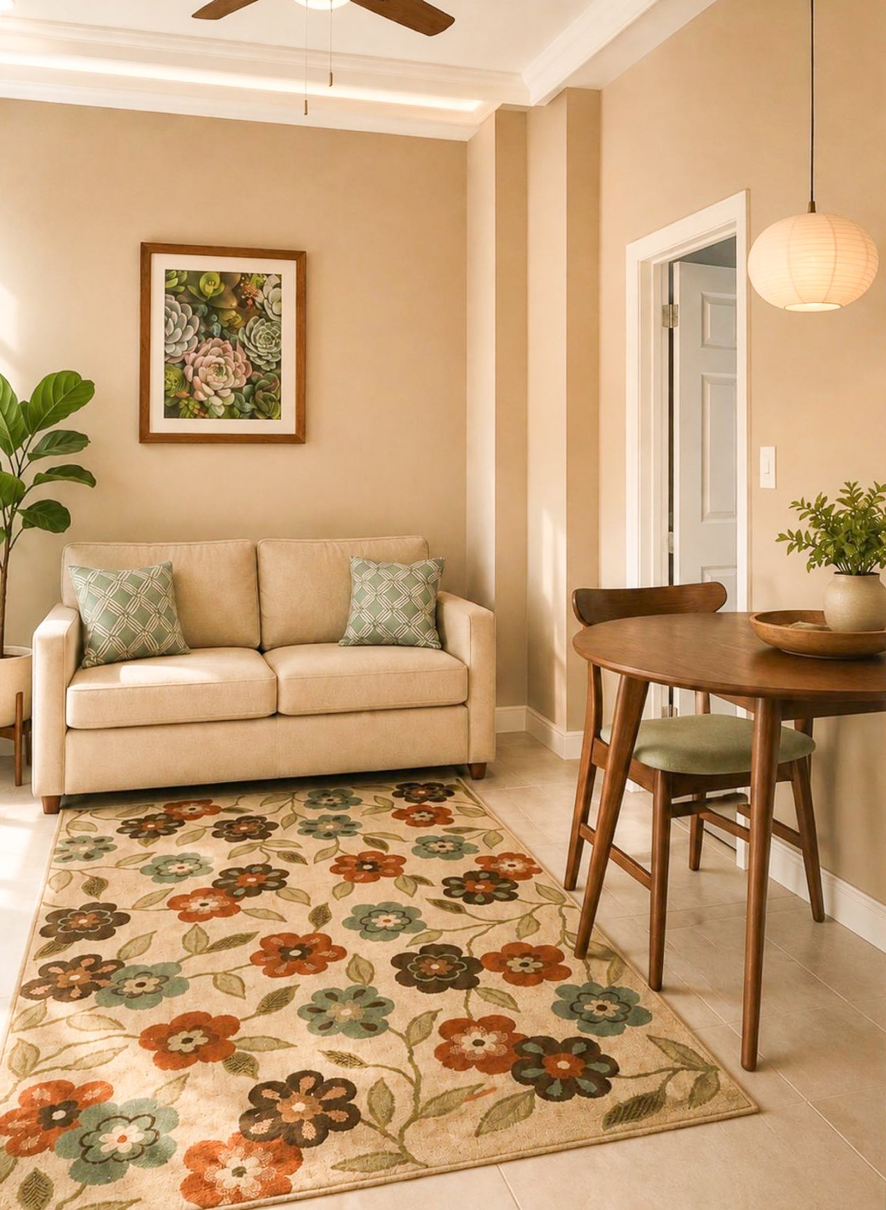 Living and dining area with a beige sofa, floral rug, and round wooden table.