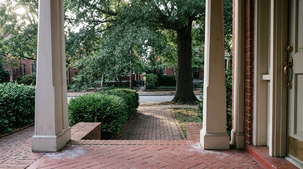 Brick townhouse portico with painted columns framing a narrow walk, clipped boxwood hedge, and overhanging street tree.