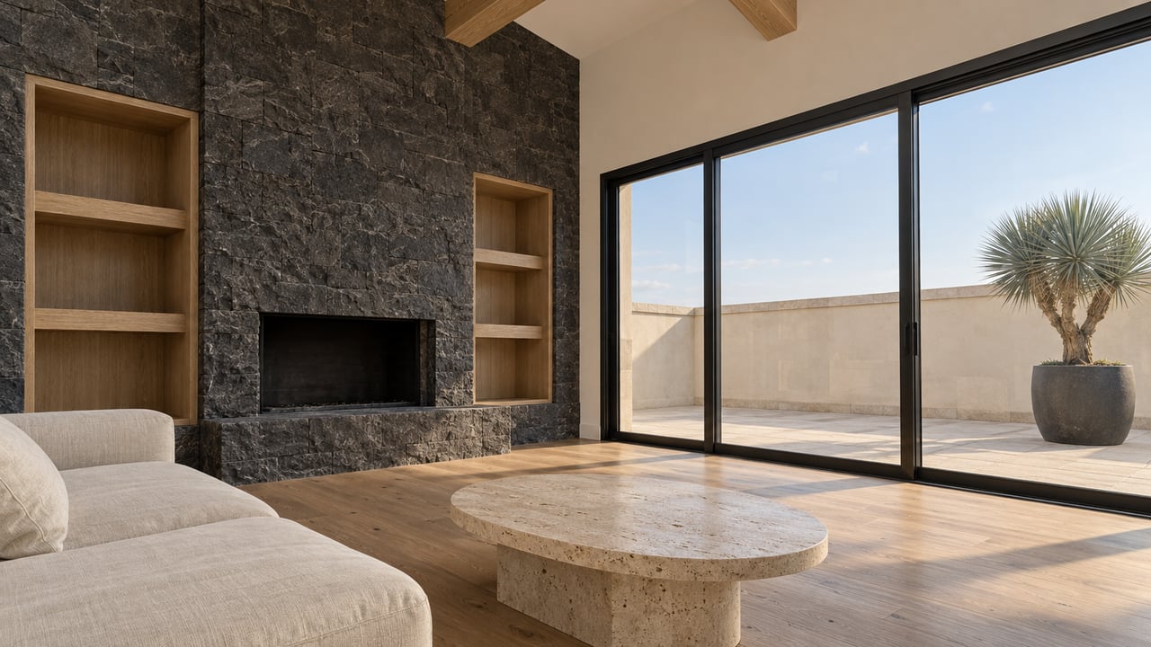 Low-angle view of a contemporary great room with oak beams, charcoal stone fireplace, cream sofa and travertine table beside glazed terrace doors.