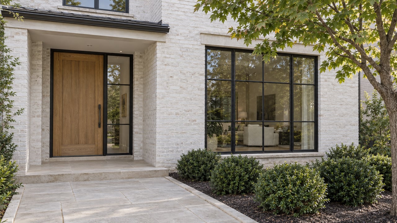 Pale brick home entry with an oak door, black-framed windows, limestone approach, and carefully spaced evergreen planting.