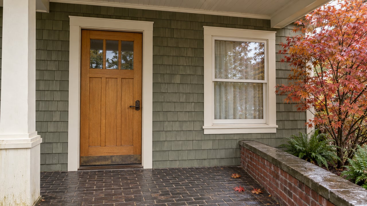 Covered entry with a honey-colored fir door, olive-gray cedar shingles, damp brick landing and autumn vine maple beside a low brick wall.