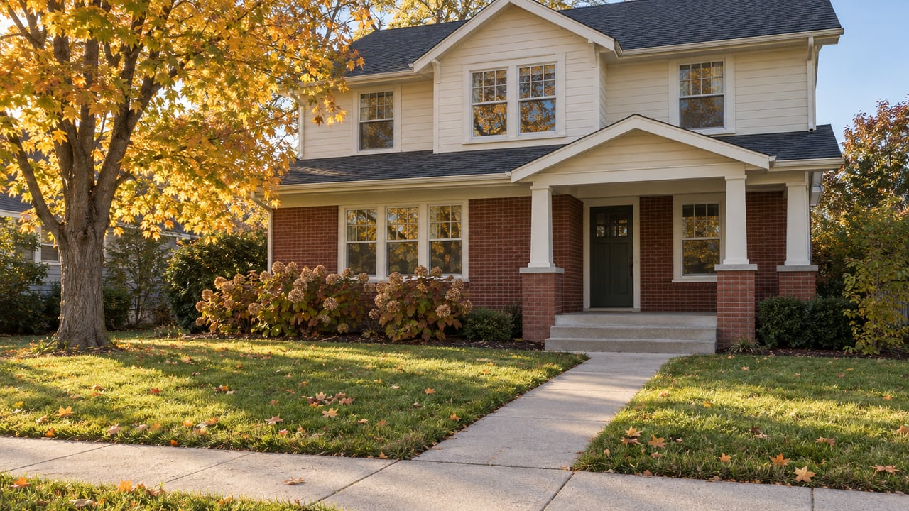 Brick and ivory clapboard house with a covered front porch, deep lawn and a mature maple turning orange in autumn.