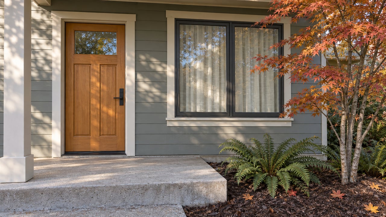 House entrance with a wood front door, black-framed window, and autumn maple leaves.