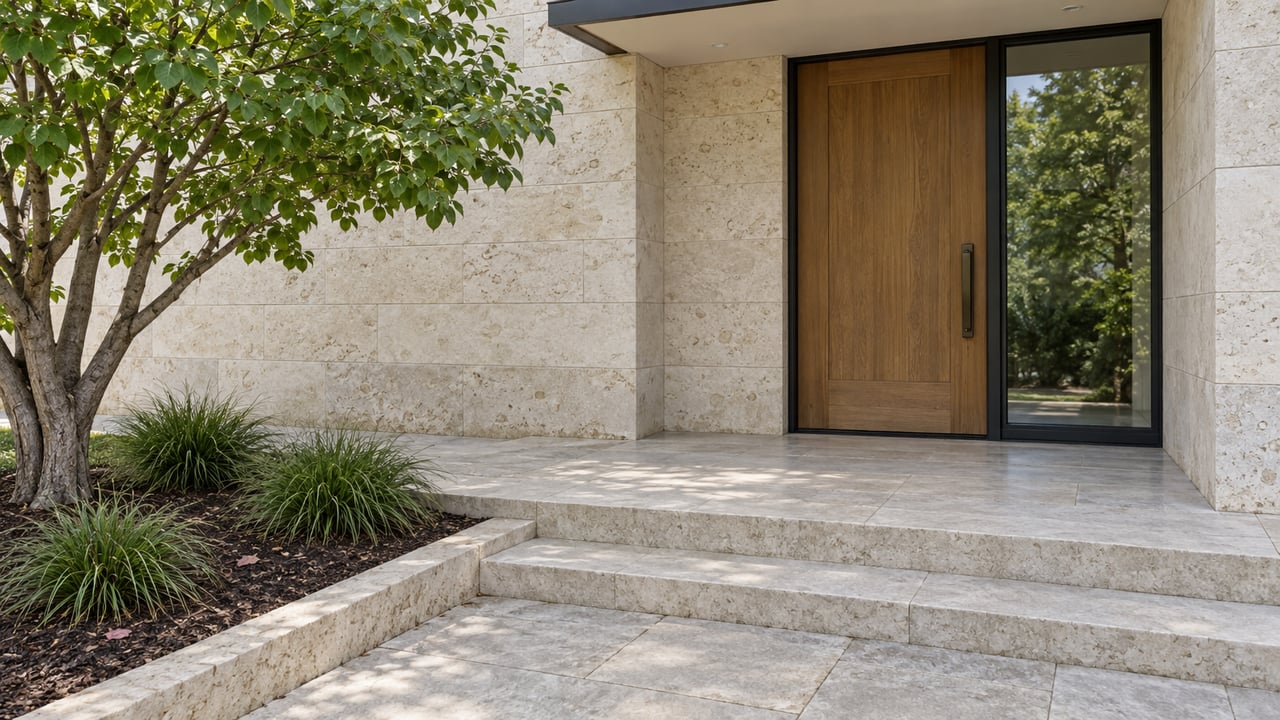 Pale limestone entry steps lead to a recessed oak door and black-framed sidelight beside a mature redbud and sedge planting.