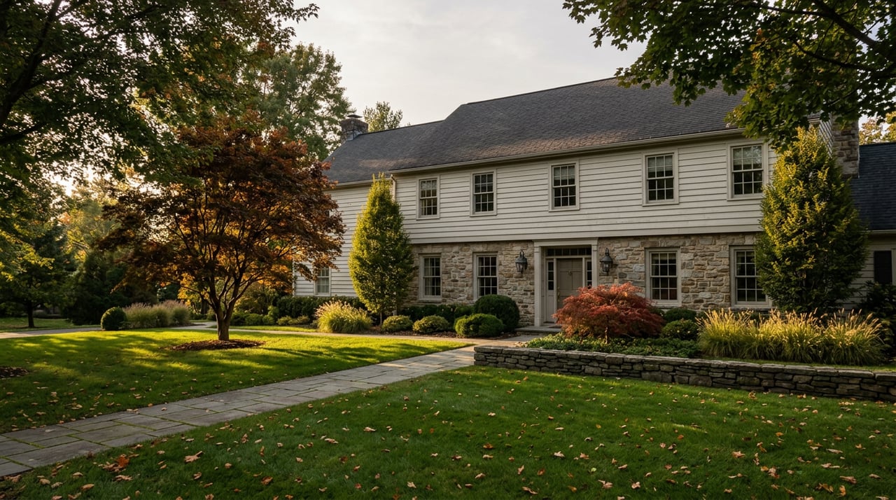 Two-story stone-and-clapboard estate home with a curving walkway, mature trees, and red-gold autumn foliage.