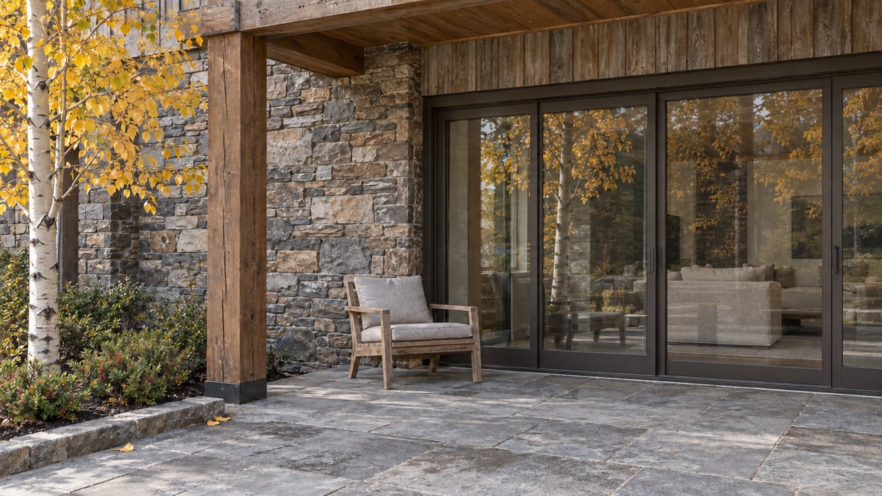 Timber-and-stone condo terrace with fully closed bronze-framed glass doors, gray paving and golden aspen leaves.