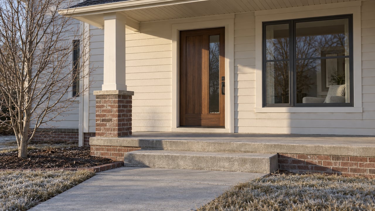 Winter light falls across a cream-sided home's covered porch, walnut door, brick foundation and concrete front steps.