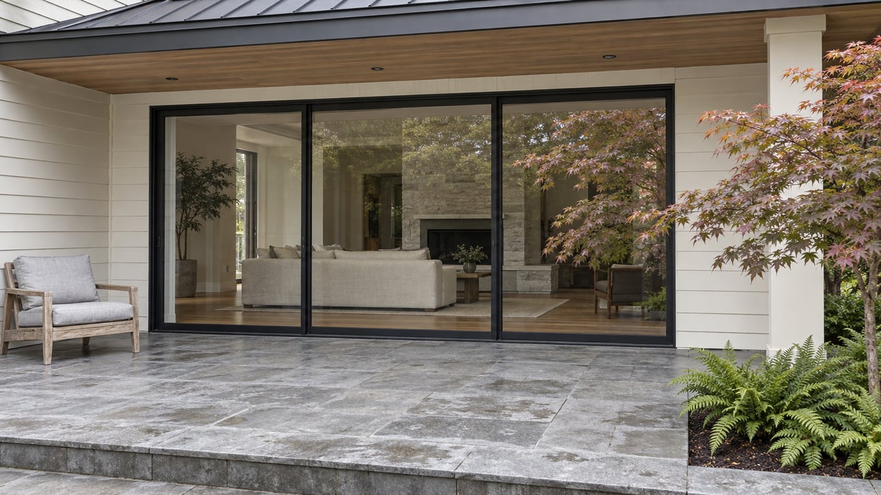 Covered stone terrace beside an ivory-sided home with black-framed glazing, a teak lounge chair, and a Japanese maple above sword ferns.