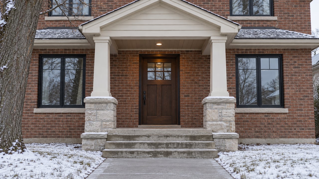 Brick home entrance with ivory columns, black-framed windows, limestone piers, and snow beside a cleared concrete approach.