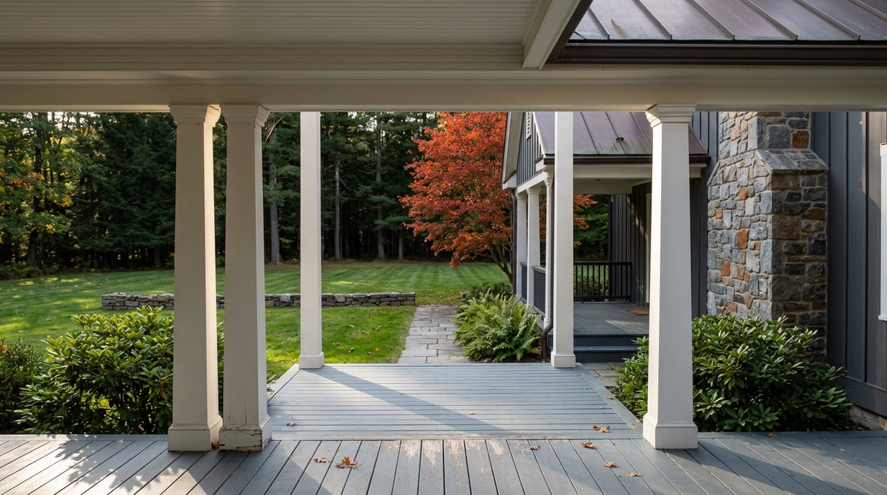 Covered porch with white posts and gray-blue flooring, overlooking a stone path, scarlet maple, and wooded lawn.