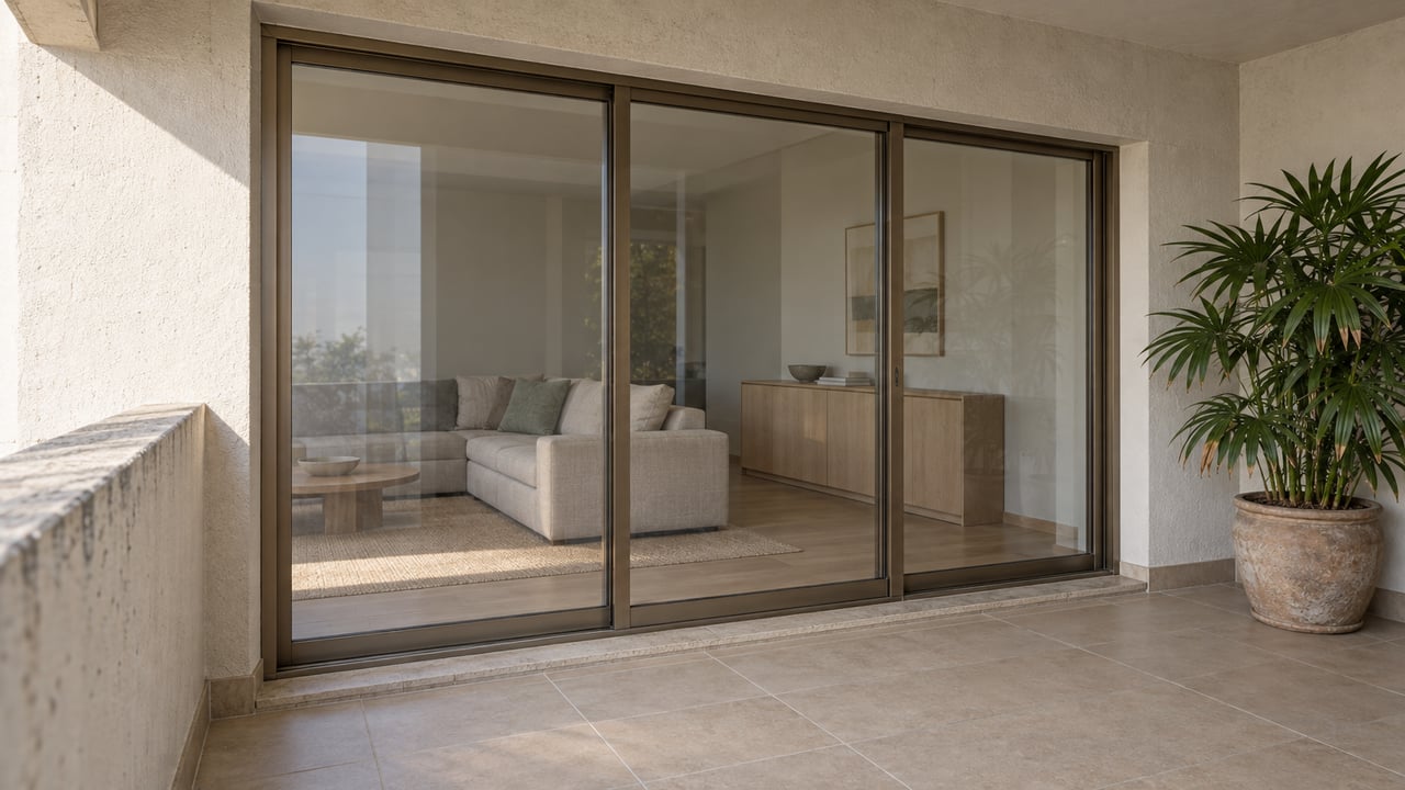 Covered concrete condo lanai with bronze-framed glass doors, pale tile, a potted lady palm and an enclosed light-filled living room.