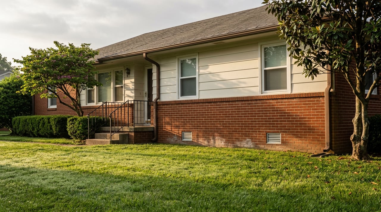 Brick ranch house with foundation vents, clipped boxwood, and dew-bright lawn in morning light.
