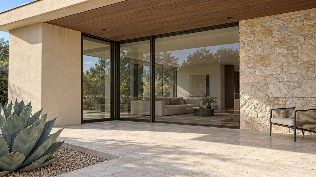 Covered terrace with ivory stone paving, sand-colored stucco, wood soffit and bronze-framed glass overlooking a furnished living room.