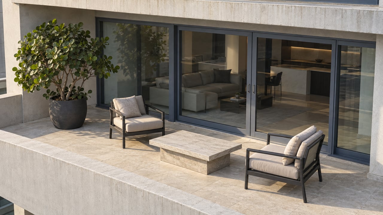 A modern condominium terrace with pale stone paving, charcoal lounge chairs, a sculptural sea grape and blue-gray glass enclosing the living room.