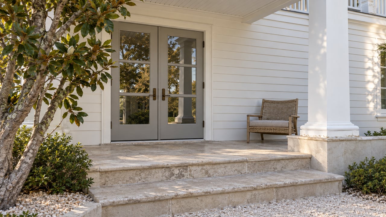 White-sided home's covered porch with paired glazed doors, limestone steps, a woven chair and a magnolia tree.