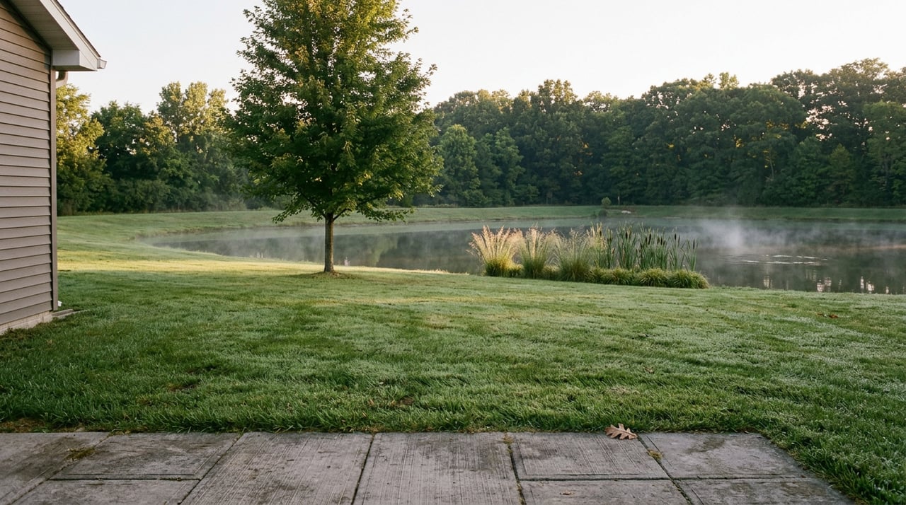 Backyard lawn slopes toward a misty pond, with cattails at the water’s edge and oak trees beyond.