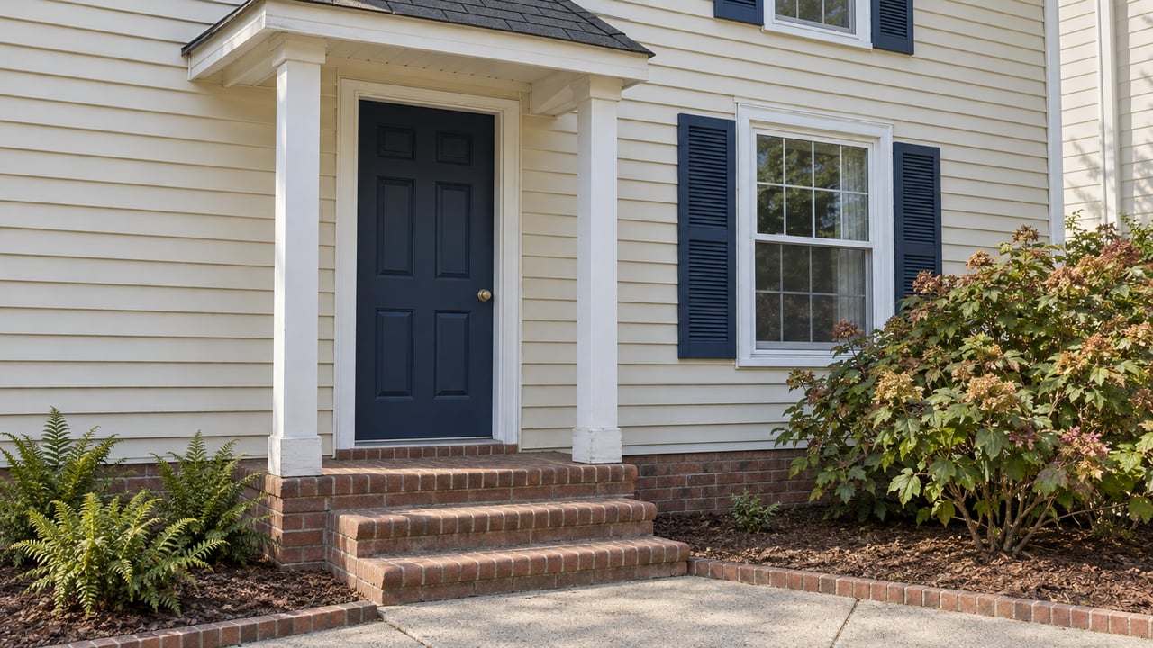 Cream-sided house entrance with a navy door, paired porch posts, weathered brick steps and a hydrangea beside a shuttered window.