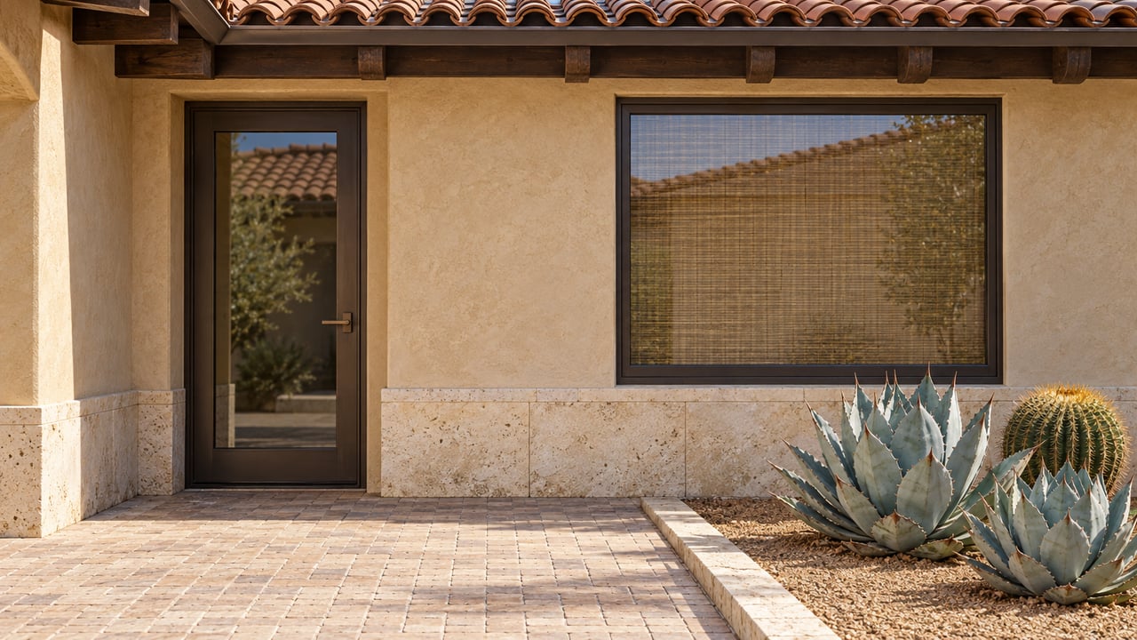 Sunlit stucco home entrance with dark bronze glazing, pale brick paving and sculptural agaves beside a limestone curb.