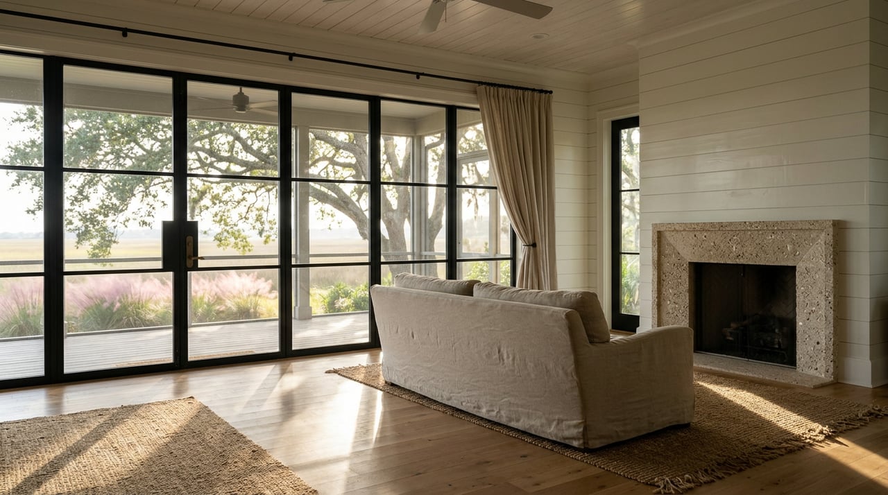 Great room with linen sofa, shell-stone fireplace, and black-framed doors opening onto a screened porch.