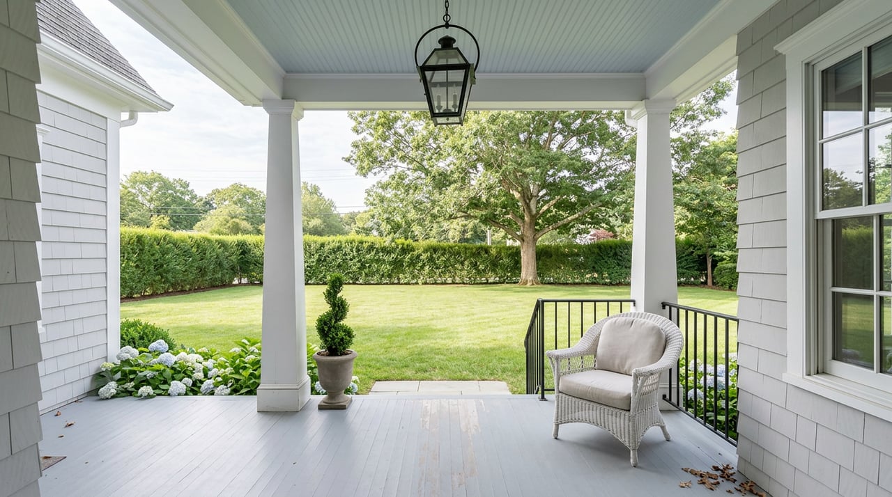 White-columned porch with a wicker chair overlooks a deep lawn, clipped hedge, and mature oak.