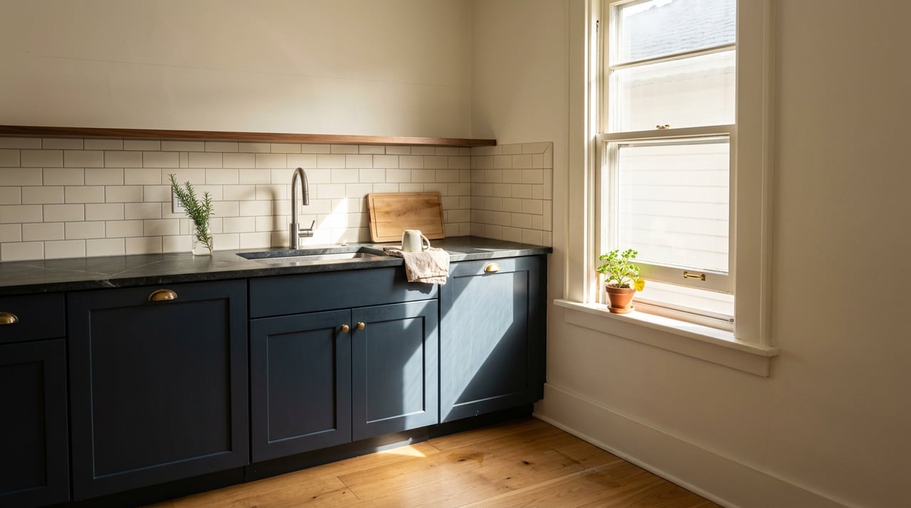Bungalow kitchen with navy cabinets, soapstone counter, sunlit window, geranium, and rosemary in a glass jar.