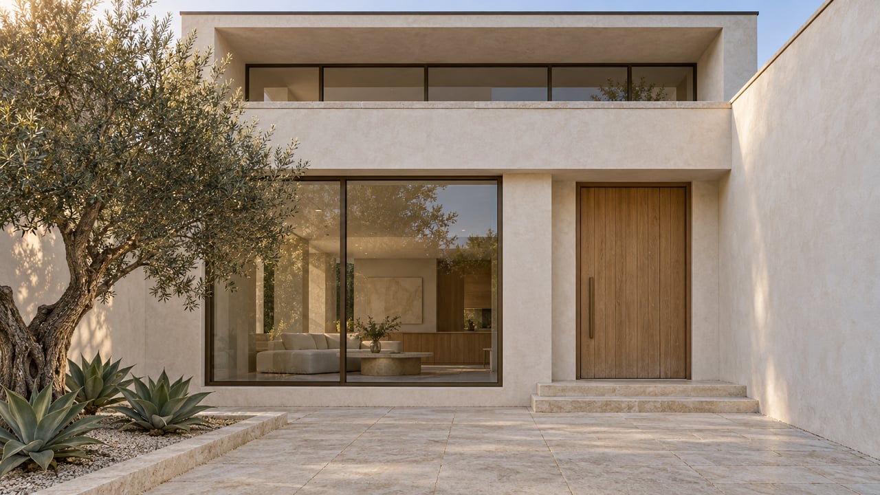 Contemporary home with pale plaster, an oak entrance, bronze-framed glazing and a limestone courtyard beside a sculptural olive tree.