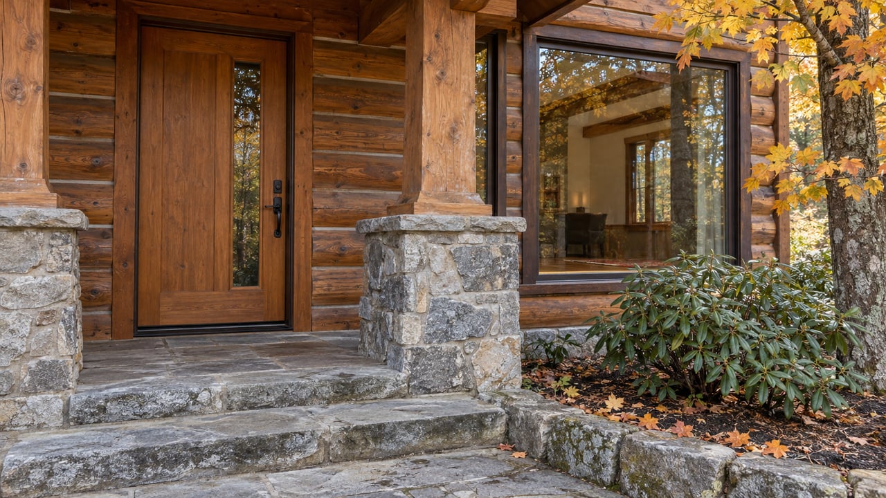 Timber cottage entry with a wood door, stone pier, picture window and worn flagstone steps beside autumn maple leaves.