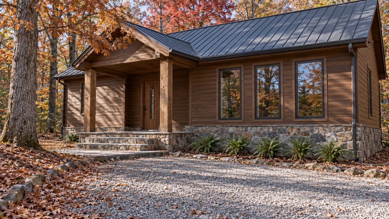 Brown timber cabin with a charcoal metal roof, stone entry steps and a gravel arrival court beneath autumn hardwoods.
