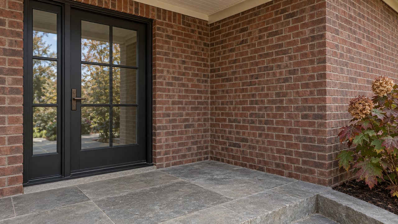 Close view of a rust-brick home's black glazed entry door, limestone porch and autumn oakleaf hydrangea.