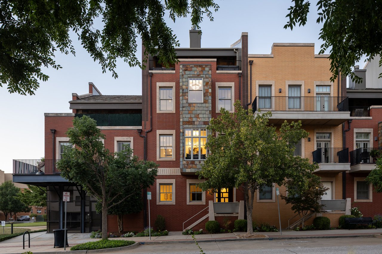 Exterior shot of 4 story luxury townhome in Maywood located in Deep Deuce Oklahoma City