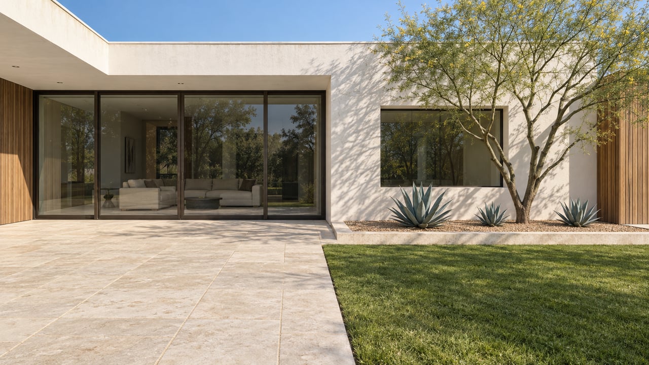 Modern single-story home with white stucco, warm wood cladding, closed glass doors, limestone terrace and a bordered lawn beside sculptural desert planting.