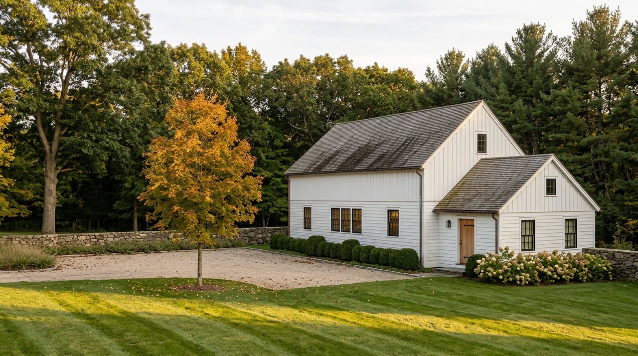 White clapboard barn with attached gabled wing beyond a striped lawn, fieldstone wall, and gold-orange maple.