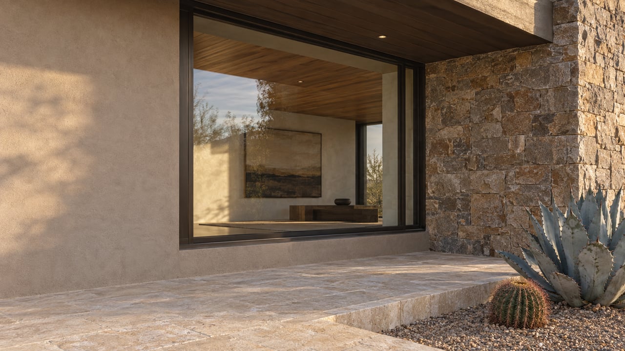 Desert home façade with a dark bronze window, rough stone return, and agave beside the limestone approach.