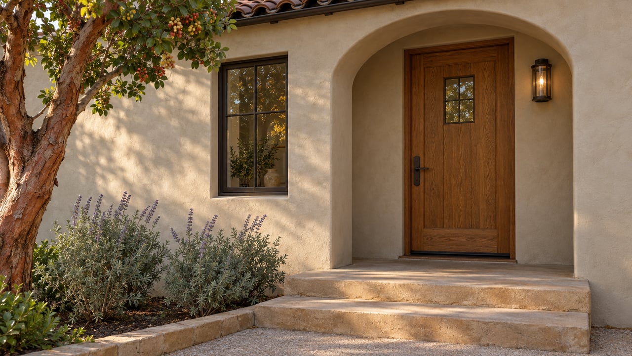Stucco entry with an arched oak door, bronze sconce, sandstone steps, and a narrow bed of gray-green sage.