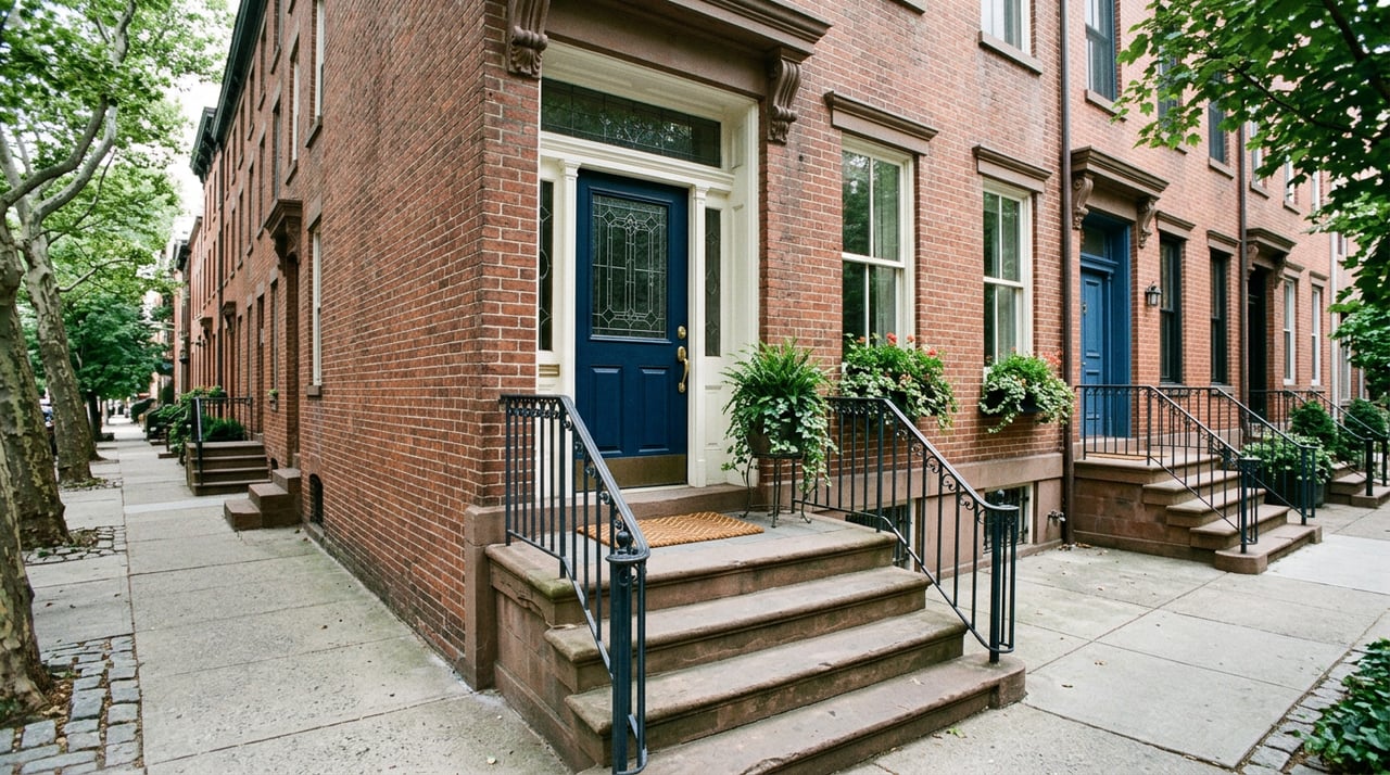 Rowhouse stoop with worn stone steps, an iron railing, autumn ivy, and planters beside the paneled door.