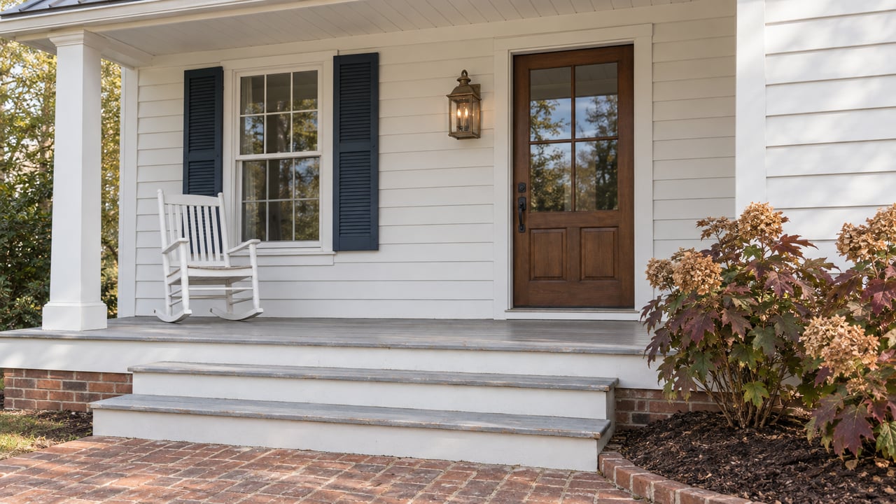 White lap-sided home with navy shutters, a sheltered rocking chair, gray wooden steps and a brick walk beside autumn oakleaf hydrangeas.