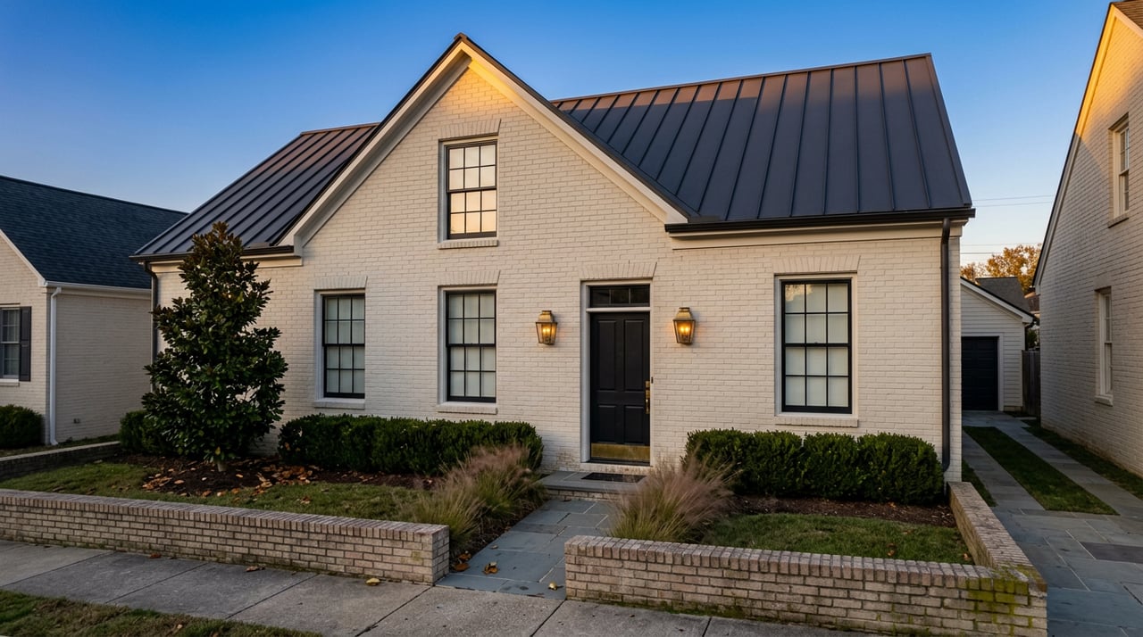 Symmetrical cream-brick house with a dark gabled roof, black-framed windows, brass entry lights, and a low garden wall.