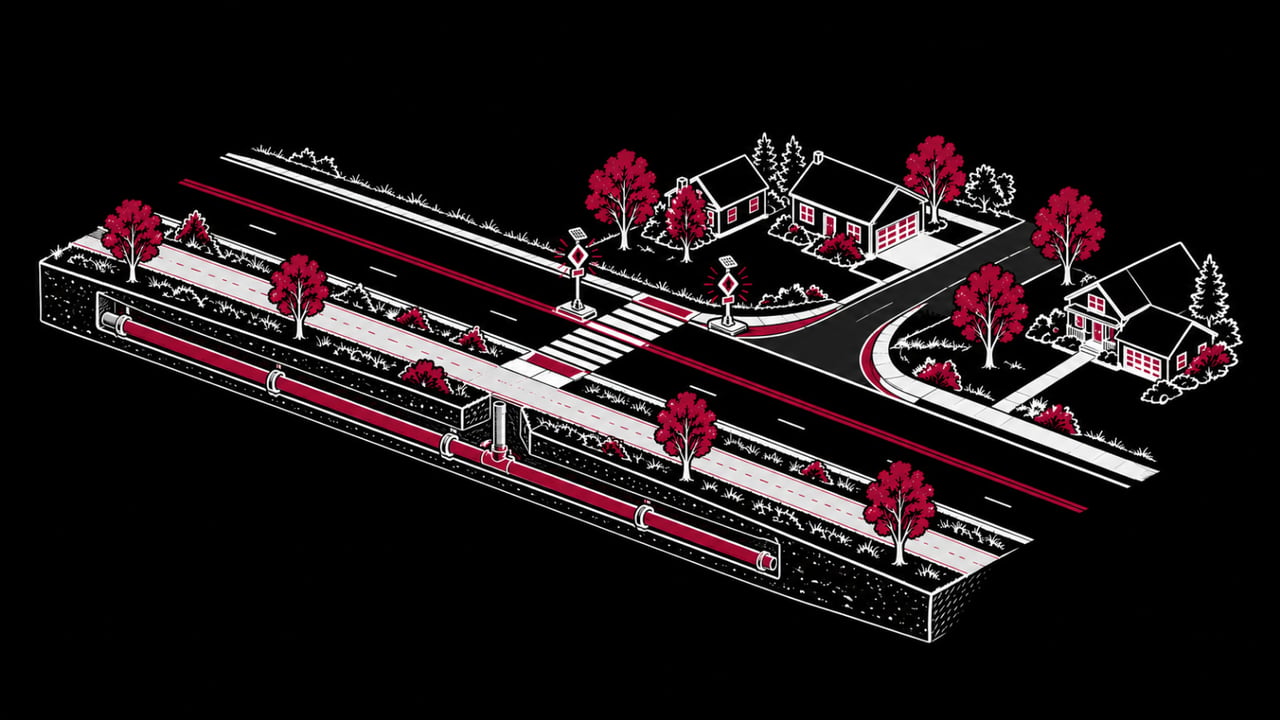 Isometric illustration of a two-lane highway with a multi-use path beside it, a crosswalk with flashing beacon signs, a turn into a neighborhood street and a water pipe underground, for the U.S. Route 52 projects in Manhattan, Illinois.