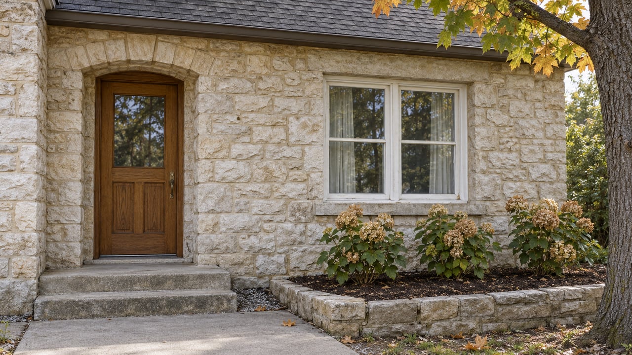 Cream limestone cottage entry with a brown oak door, white casement window, worn concrete steps, and autumn planting.
