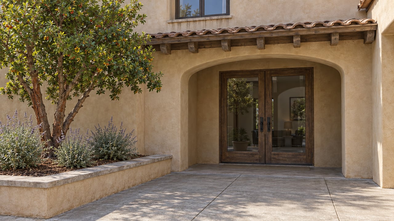 Warm stucco condominium entry with closed timber-framed glass doors, a terracotta eave and a compact raised planting bed beside a concrete terrace.