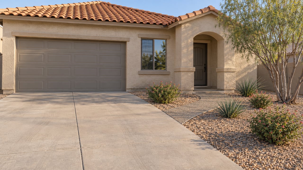 Sunlit beige stucco home with a terracotta tile roof, two-car garage, arched porch and gravel landscaping.