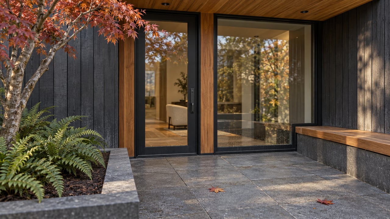 Contemporary home entrance with cedar cladding, black-framed glazing, basalt paving and a copper-leaved vine maple.