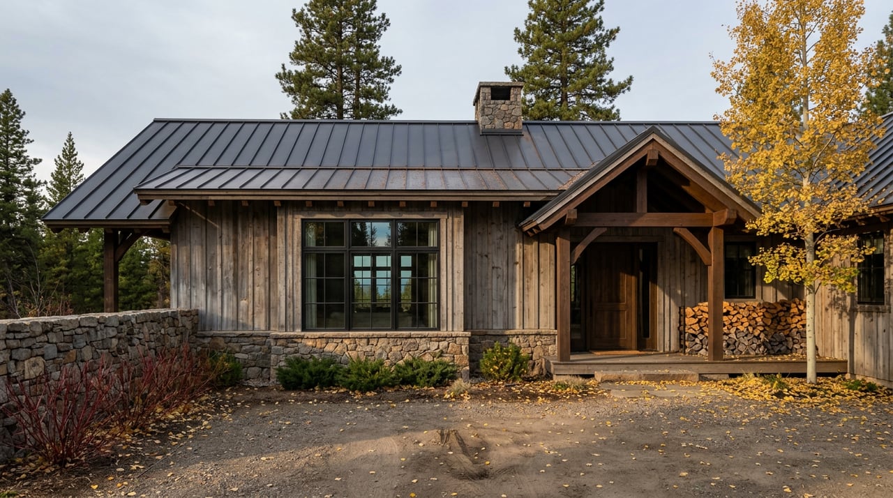 Timber-and-stone lodge with dark gabled roof, golden aspen, and stacked firewood beside its porch.