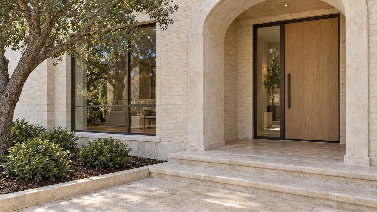 An ivory brick estate entry with a limestone arch, oak door, bronze-framed window and mature oak beside a pale stone arrival court.