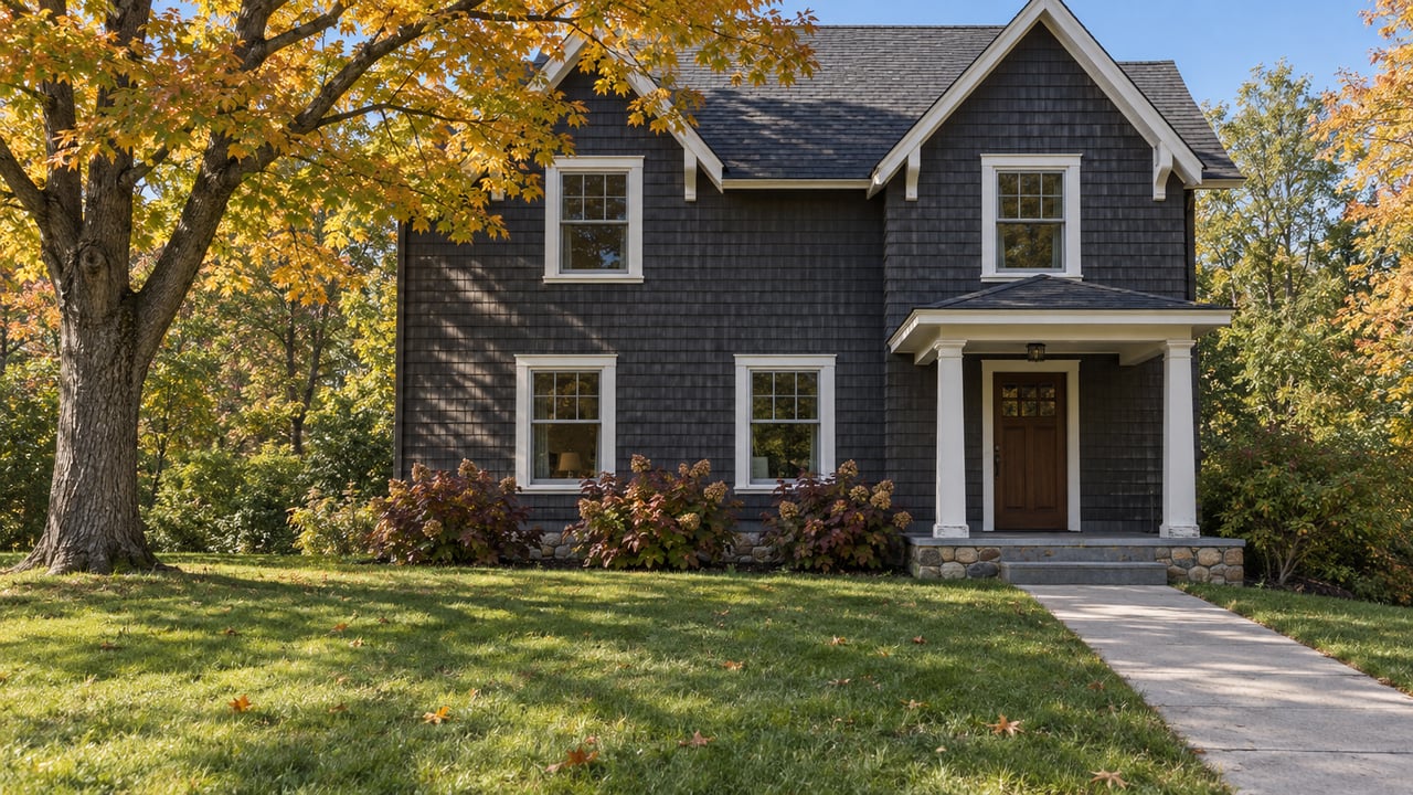 Graphite-shingled two-story home behind a deep autumn lawn, with white trim, a covered entry, and an orange-leaved maple.