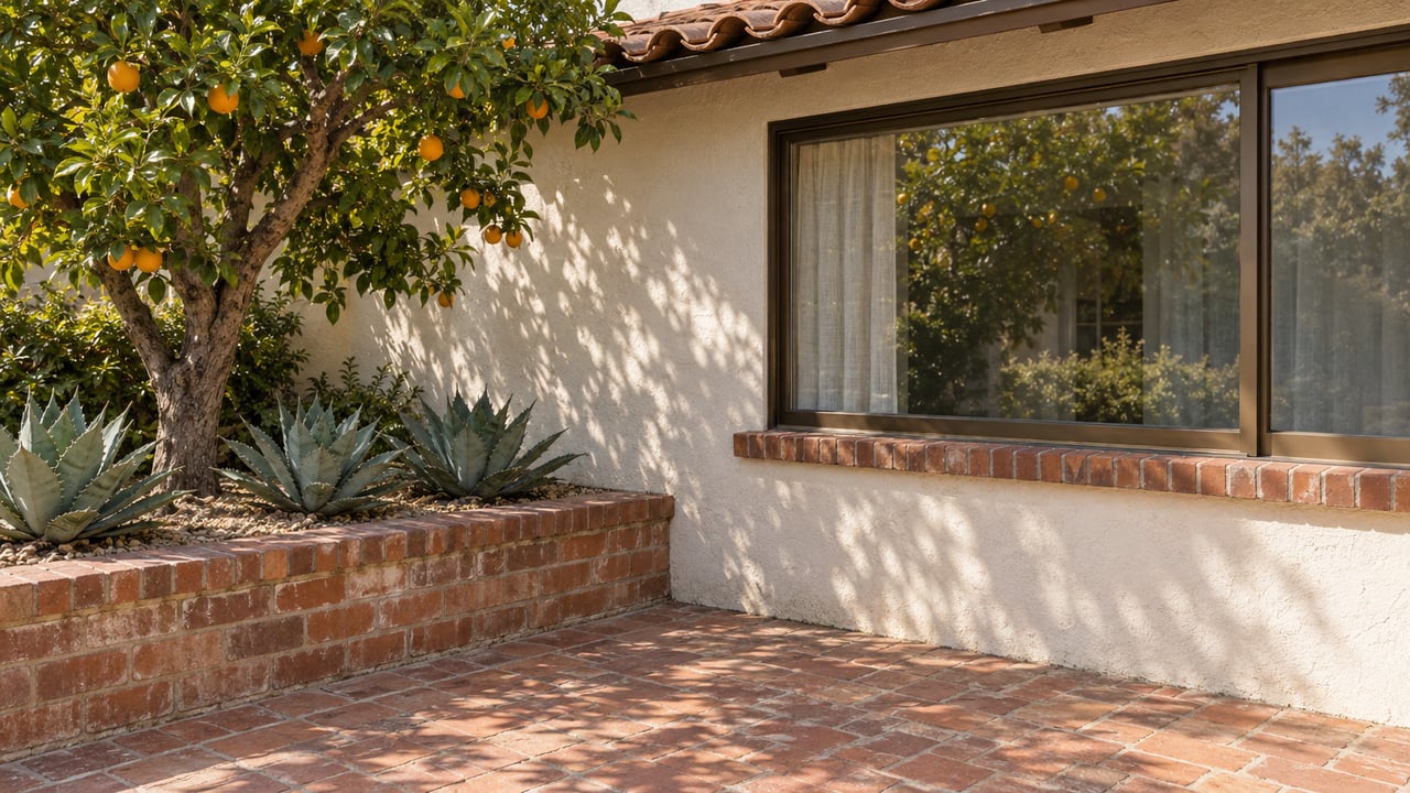 Morning light across a cream stucco home, bronze-framed window, worn brick terrace and a raised garden with citrus and agaves.
