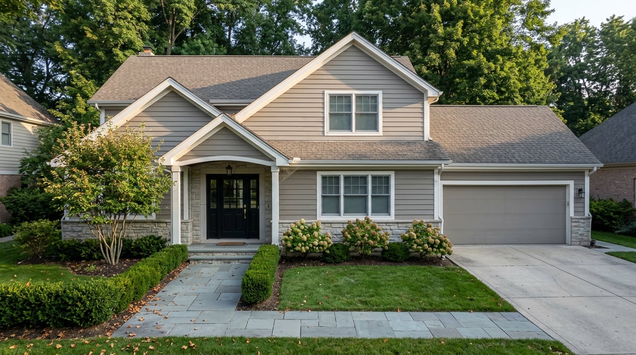 Two-story taupe-gray house with white trim, stone base, covered entry, attached garage, lawn, and paver walkway.