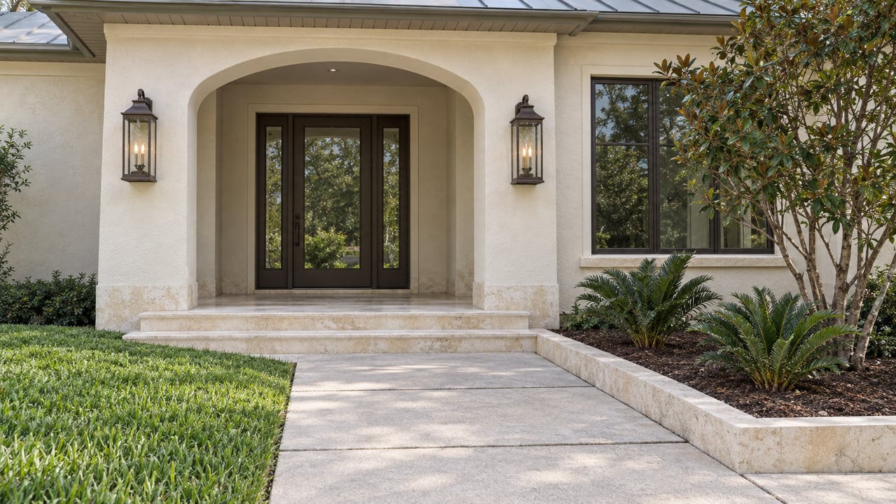 Ivory stucco home with an arched covered entry, bronze glazed door, pale limestone steps and a magnolia planting beside the approach.